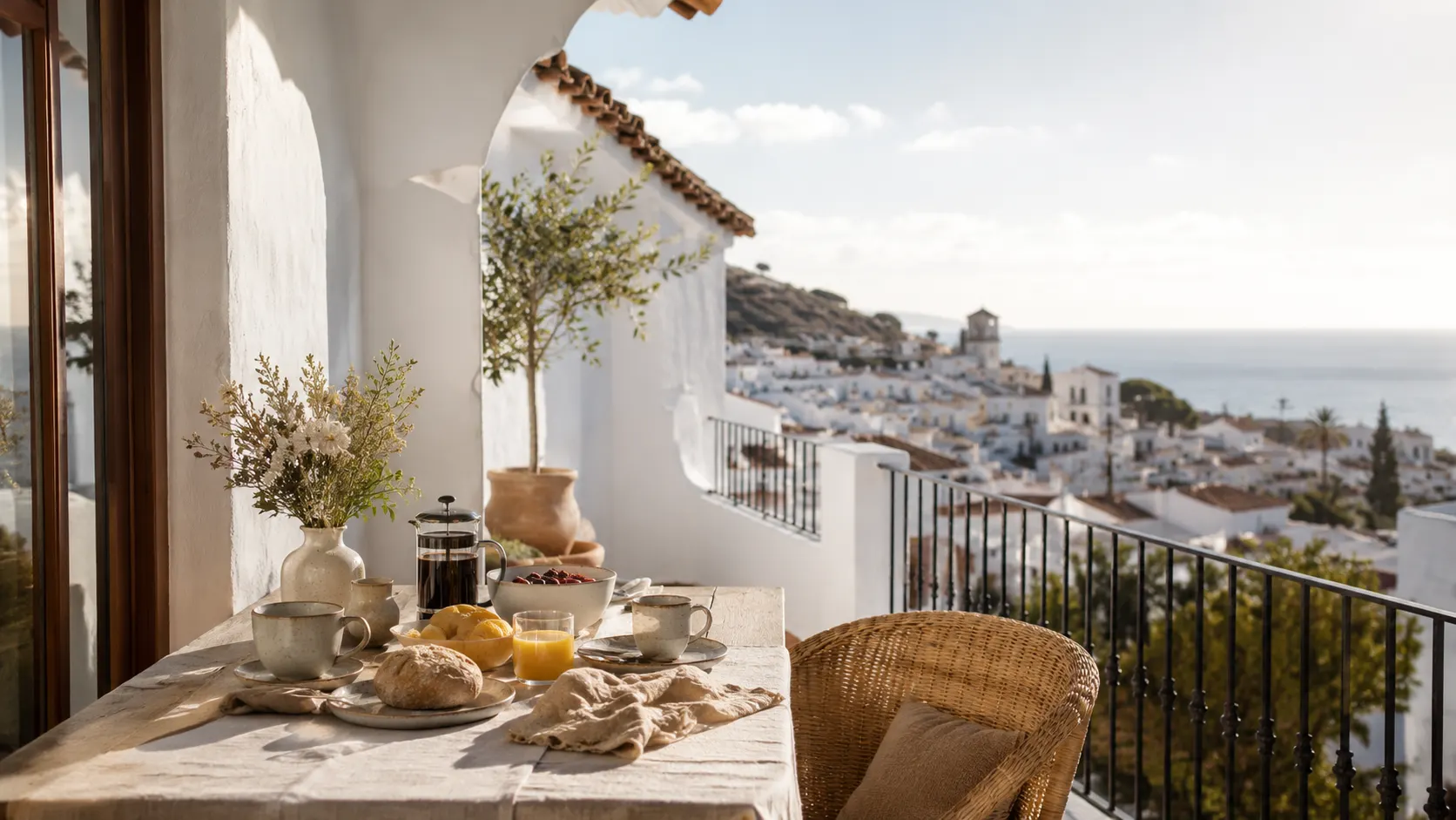 Morning coffee on a terrace overlooking a white Spanish coastal town